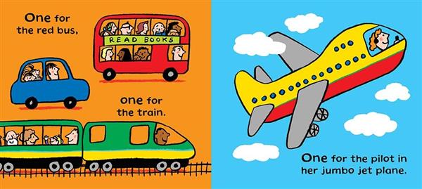 a brightly illustrated book spread, orange with a car, bus and train on one side and blue with an airplane on the other side.