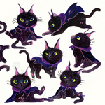 A repeating seamless pattern illustration of a black cat dressed in a purple cape and collar, shown in multiple playful poses on a white background.
