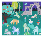 A colorful children's puzzle or activity mat featuring whimsical woodland animals and objects, including unicorns, a swan, a horse, a tree with apples, a stone archway, and mushrooms, arranged in a split design on a teal background.
