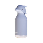 Light blue water bottle shaped like a dolphin on a white background