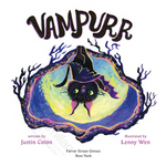 Book cover for 'Vampurr' by Justin Colón, illustrated by Lenny Wen, featuring a black cat in a witch hat inside a glowing yellow and purple oval on a white background.