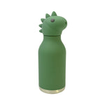 A green waterbottle with a silicone cap shaped like a minimalist dinosaur head