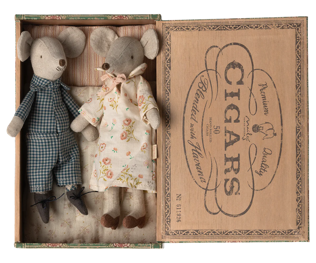 Grandma and Grandpa Mice in a Cigar Box