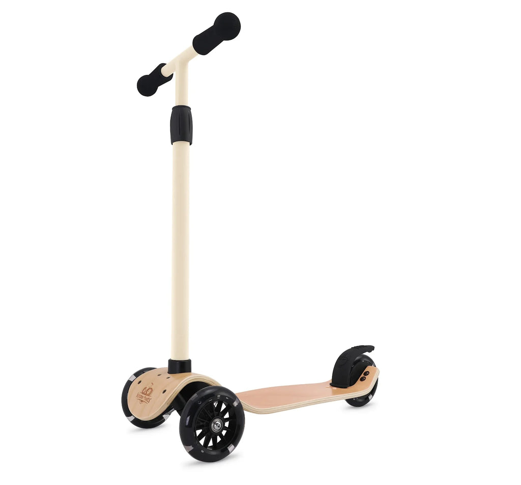Children's scooter with a wooden deck and black wheels on a white background