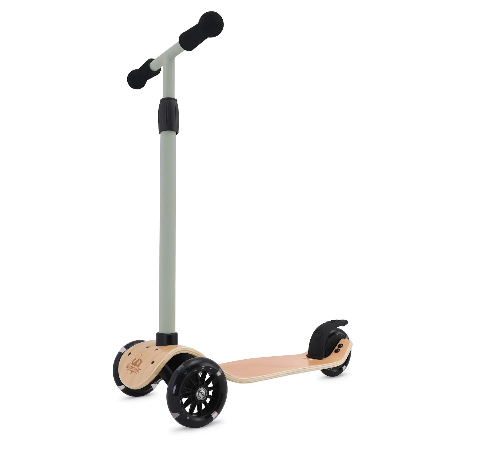 Children's scooter with wooden deck and black wheels on a white background