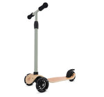 Children's scooter with wooden deck and black wheels on a white background