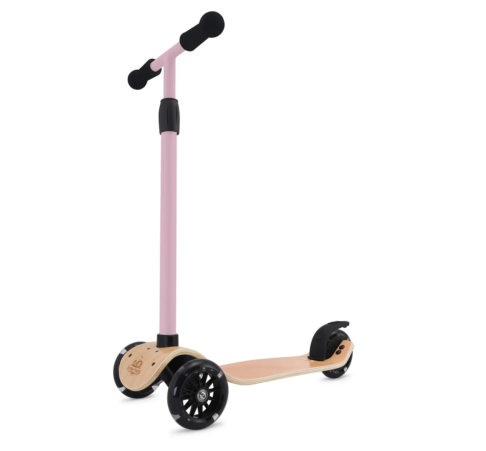 Pink scooter with a wooden deck on a white background