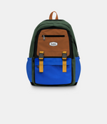 Multicolored backpack with brown, green, and blue sections on a white background