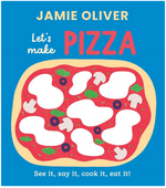 Children's activity book cover titled 'Let's make PIZZA' by Jamie Oliver, featuring a colorful illustration of a pizza with cutout shapes on a bright blue background.