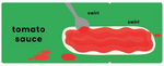 Illustrated graphic showing a spoon spreading red tomato sauce into a white swirl on a green background, with the words 'tomato sauce' and 'swirl'.