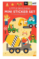Cover of Little Builders Mini Sticker Set with illustrated construction vehicles driven by animal.