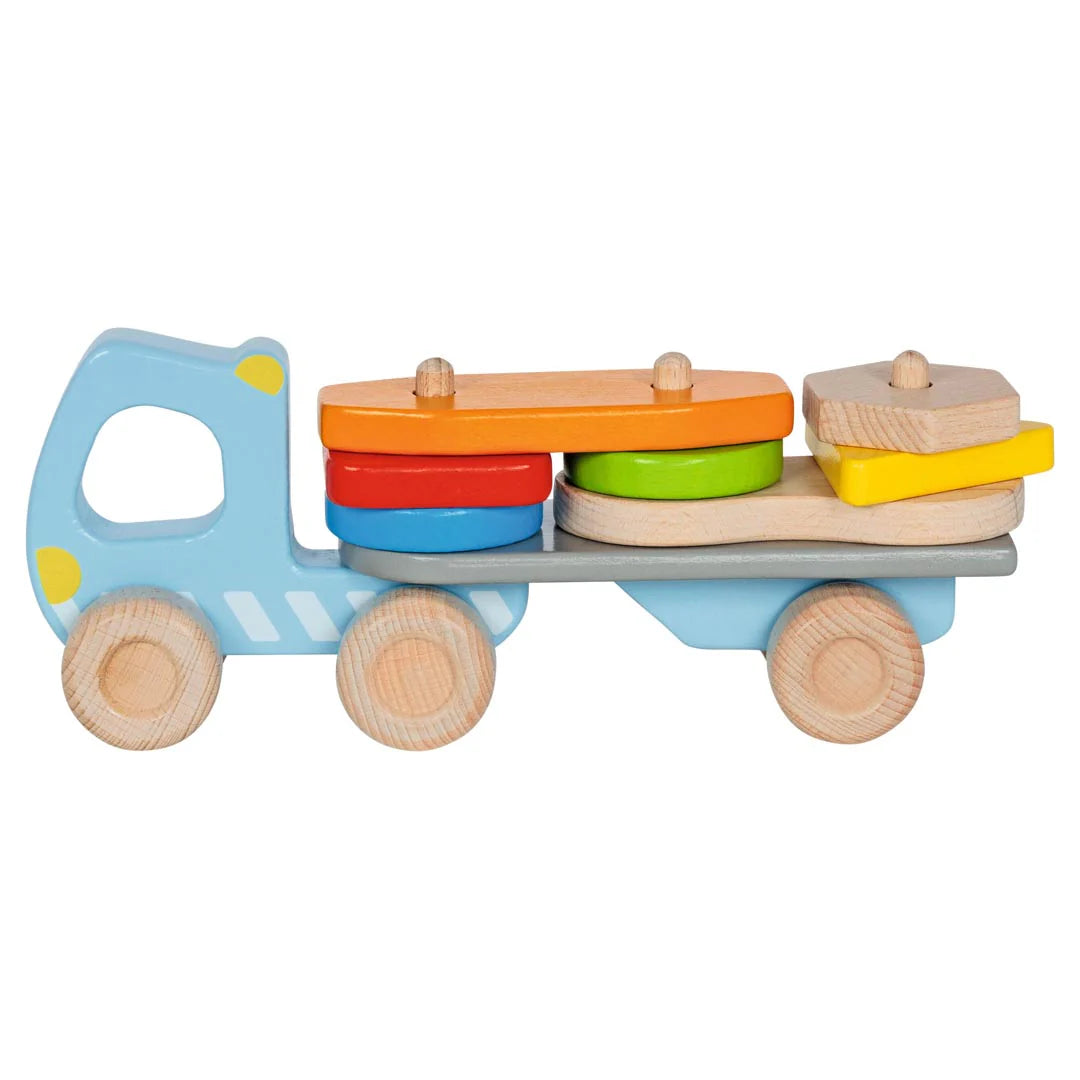 Wooden toy truck with colorful stacking pieces on a white background