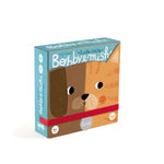 Board game box with cartoon dog faces on a white background