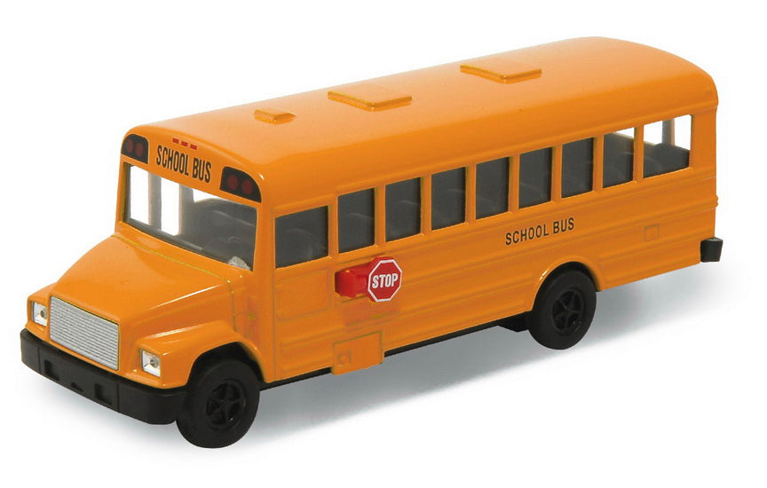 Model of a yellow school bus on a white background