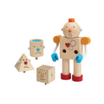 Set of wooden toy figures with different shapes and expressions on a white background
