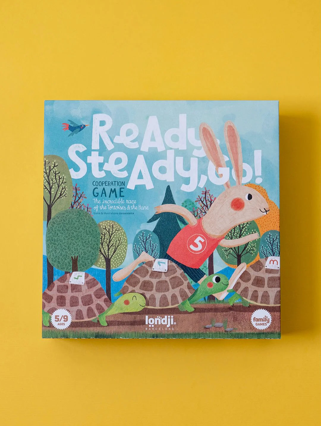Children's game box titled 'Read Steady, Go!' by Londji on a yellow background