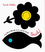 Book cover with a black flower and fish illustration on a white background