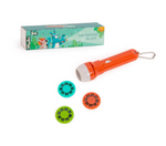 Orange flashlight with colorful buttons and packaging on a white background