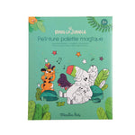 Children's coloring book with cartoon animals on a green background