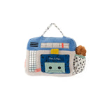 Plush toy resembling a vintage radio with a small pom-pom on a white background