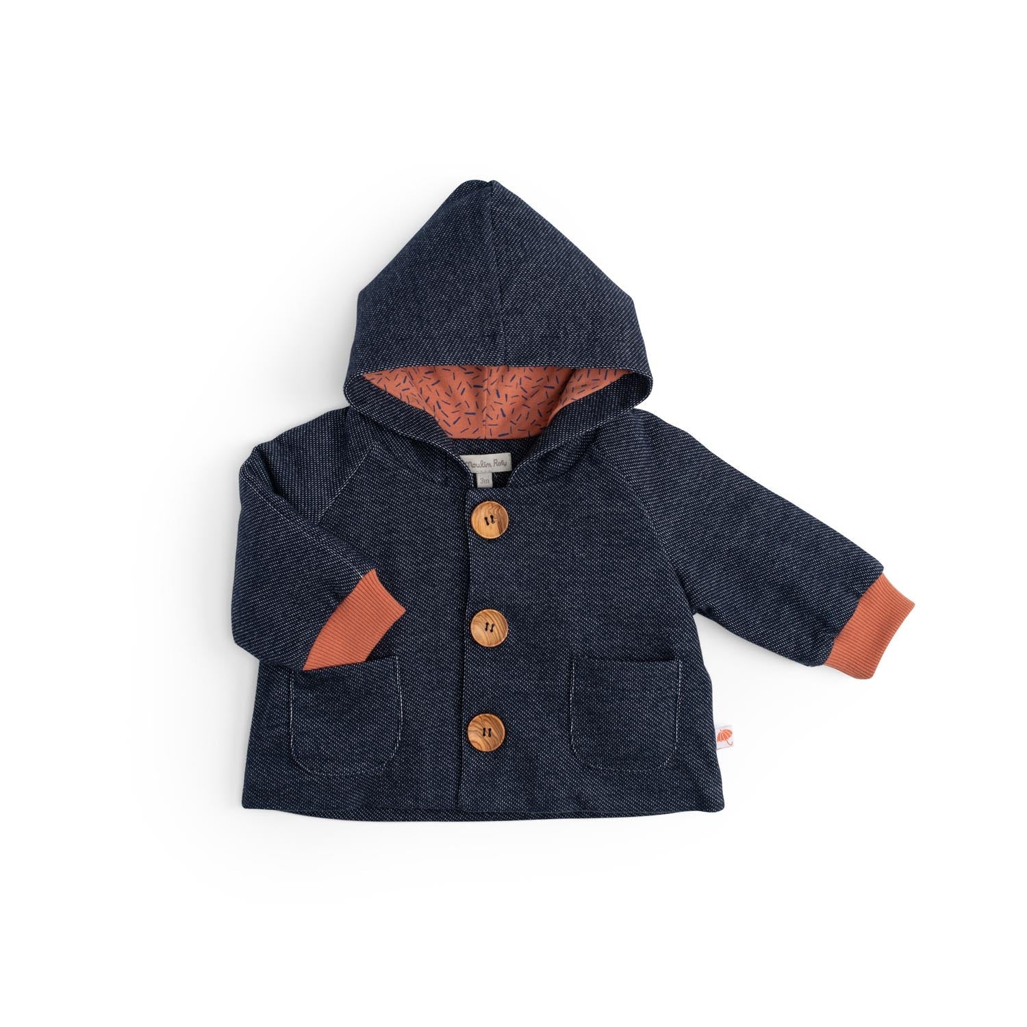 Kasper Denim-Effect Diagonal Fleece Coat with Hood