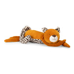 Plush toy lion with a leopard tail, belly, and ears with an orange body on a white background