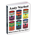 white board book with black text featuring iconic images of multi-coloured cans of Campbell's soup.