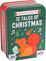 Keep sake musical tin titled '12 Tales of Christmas' with a squirrel illustration on a green background.