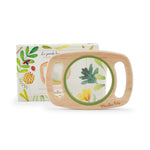 Wooden magnifying glass with handles on both sides with a branded box on a white background