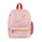 Pink backpack with a pattern on a white background