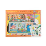A children's transfers set titled 'Décollomaries La maison des Schmeouts' by Mauden Poly, shown on a plain white background. The packaging is orange with a colorful illustrated collage of cartoon characters and rooms, and a small sheet of transfers is partially visible at the lower right.
