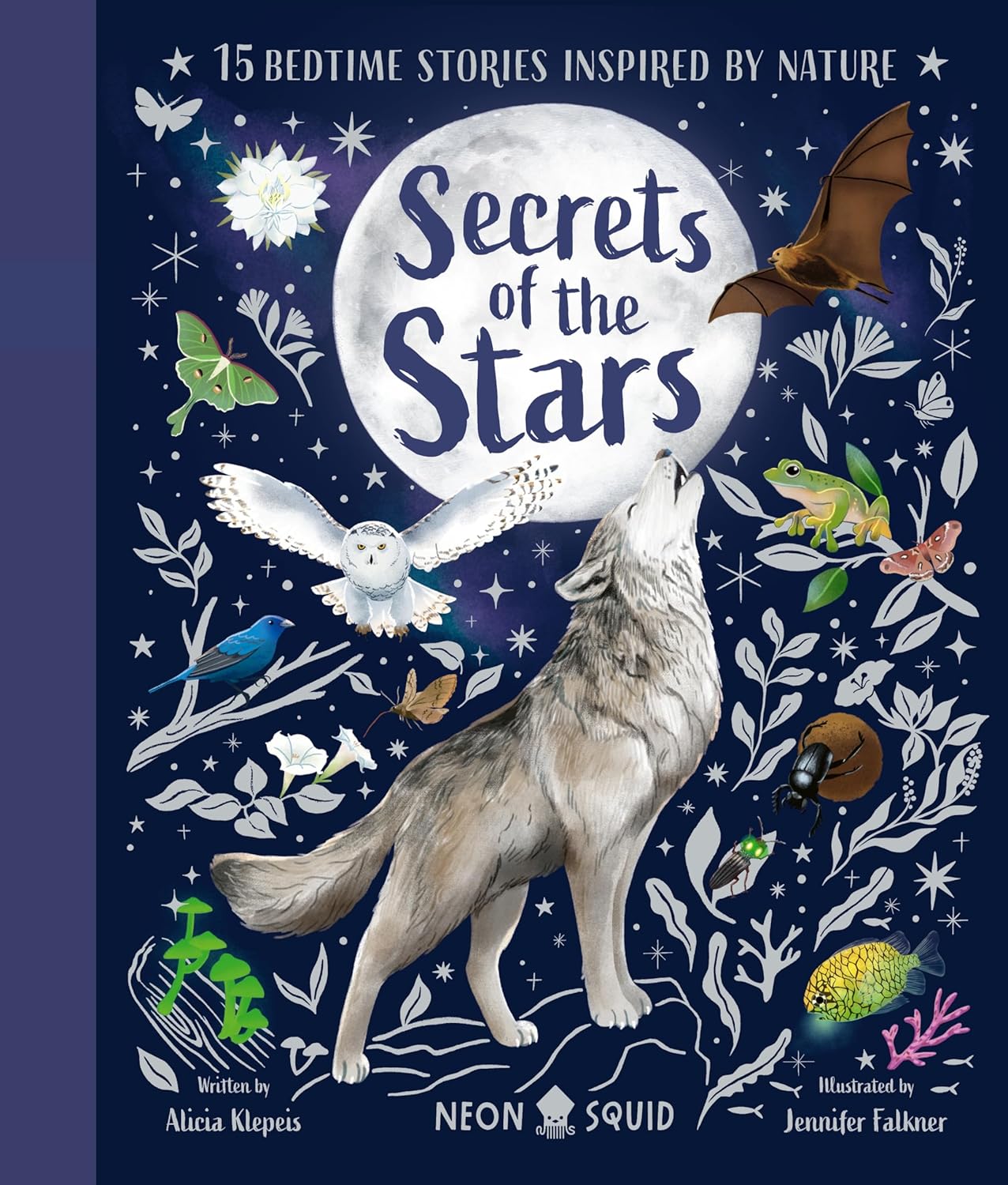 Book cover of 'Secrets of the Stars' with illustrations of a wolf, owl, and various animals against a night sky.