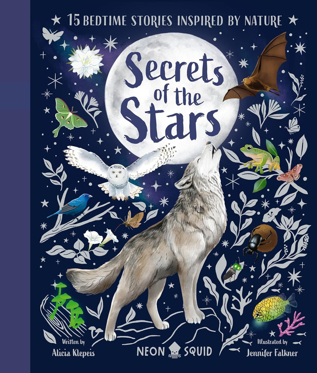 Book cover of 'Secrets of the Stars' with illustrations of a wolf, owl, and various animals against a night sky.