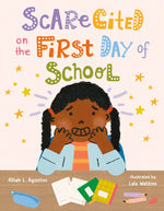 Book cover of 'ScareGited on the First Day of School' with a child illustration and colorful text.