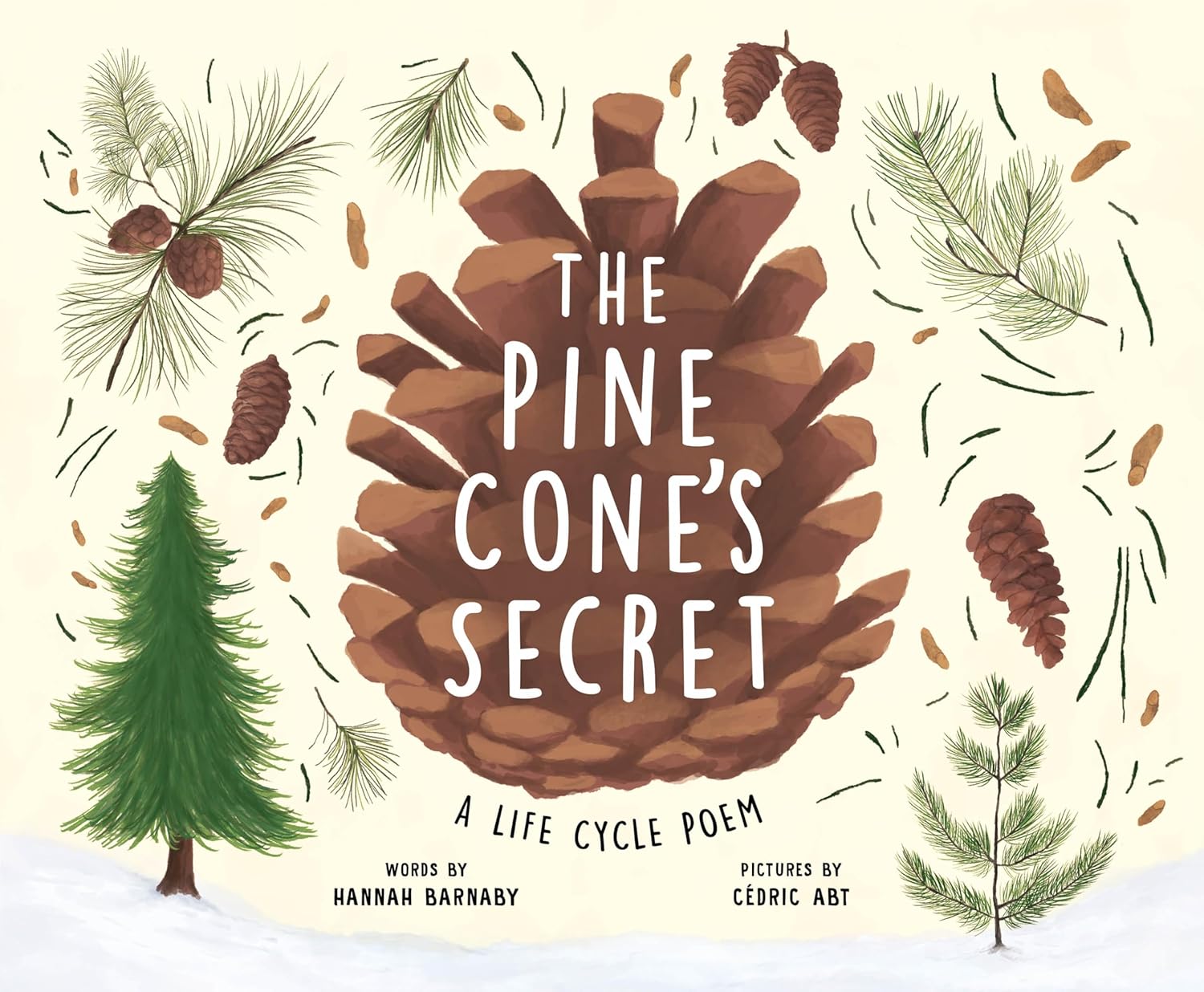 Book cover of 'The Pine Cone's Secret' with pine cones, a tree, and a poem title.