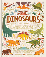 An illustrated cover of the book Dinosaurs in warm colours with may different types of dinosaurs.
