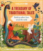 Book cover of 'A Treasury of Traditional Tales' with illustrated characters and decorative elements.