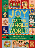 A colourful book cover with different illustrated squares showcasing Christmas-themed items. Large gold letters in the middle over top an illustrated Christmas tree say "Joy to the Whole World"