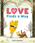 Book cover of 'Love Finds a Way' with cartoon characters in a forest setting.
