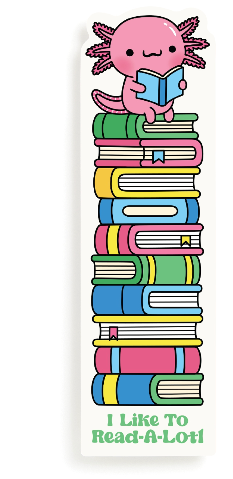Bookmark with axolotl reading a book on a stack of books, text 'I Like To Read-A-Lot!' below.