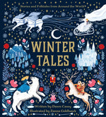 The book cover of Winter Tales, dark blue with colourful illustrations of snowflakes, snow-themed animals and whimsical folk art.