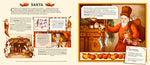 A vintage-style illustrated poster or booklet spread about Santa Claus, with text panels, small illustrations, and a large scene showing Santa in a red coat with a sack on a decorated Christmas tree.