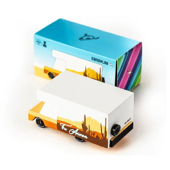 Colorful toy car with a box on a white background