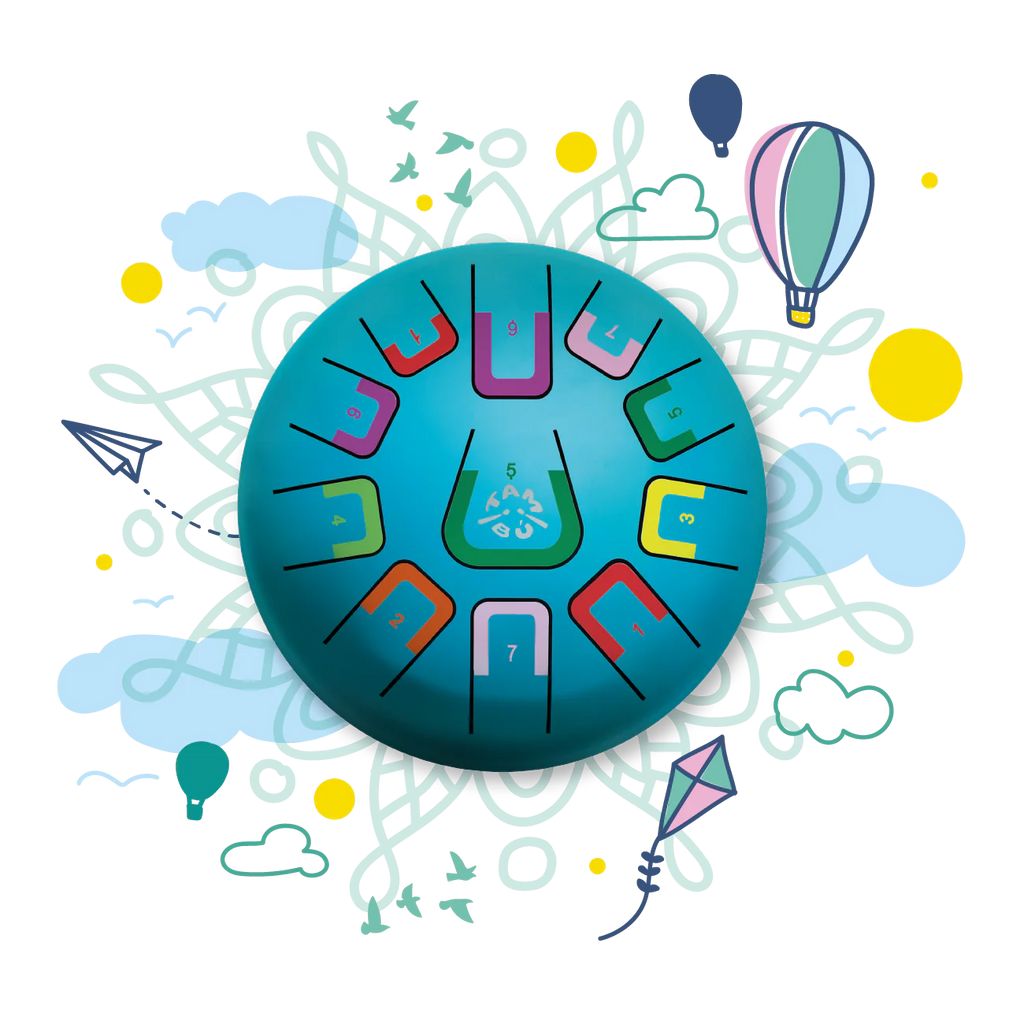 Colorful circular design with various symbols on a white background