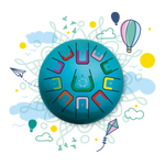 Colorful circular design with various symbols on a white background