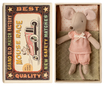 Stuffed mouse toy in a matchbox with a vintage-style matchbox design.