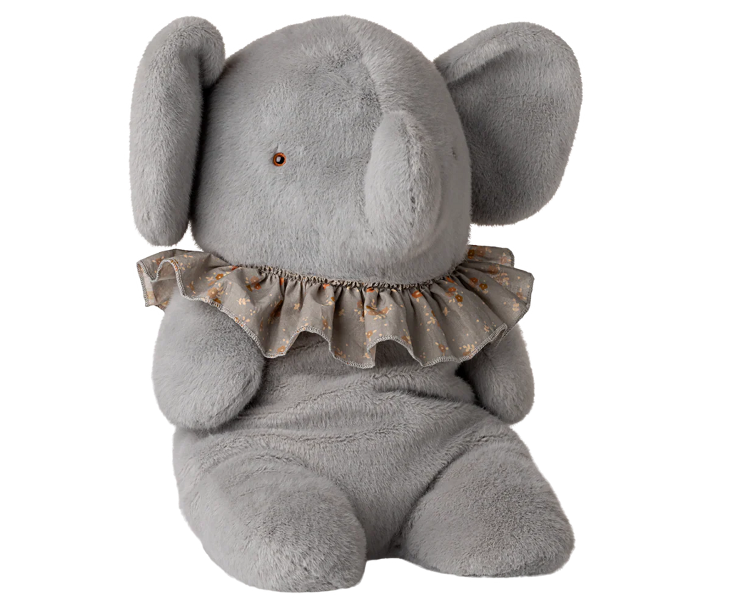 Gray plush elephant toy with a ruffled collar on a white background