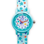 Children's watch with a blue strap featuring starfish and polka dot patterns on a white background.