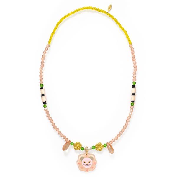 on a white background, a yellow and pale pink necklace made of acrylic beads and three charms: a majestic lion and two flowers