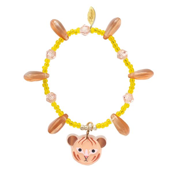 on a white background, a yellow and amber coloured beaded bracelet with acrylic beads, an acrylic tiger charm and six big beads spaced evenly around the charm.